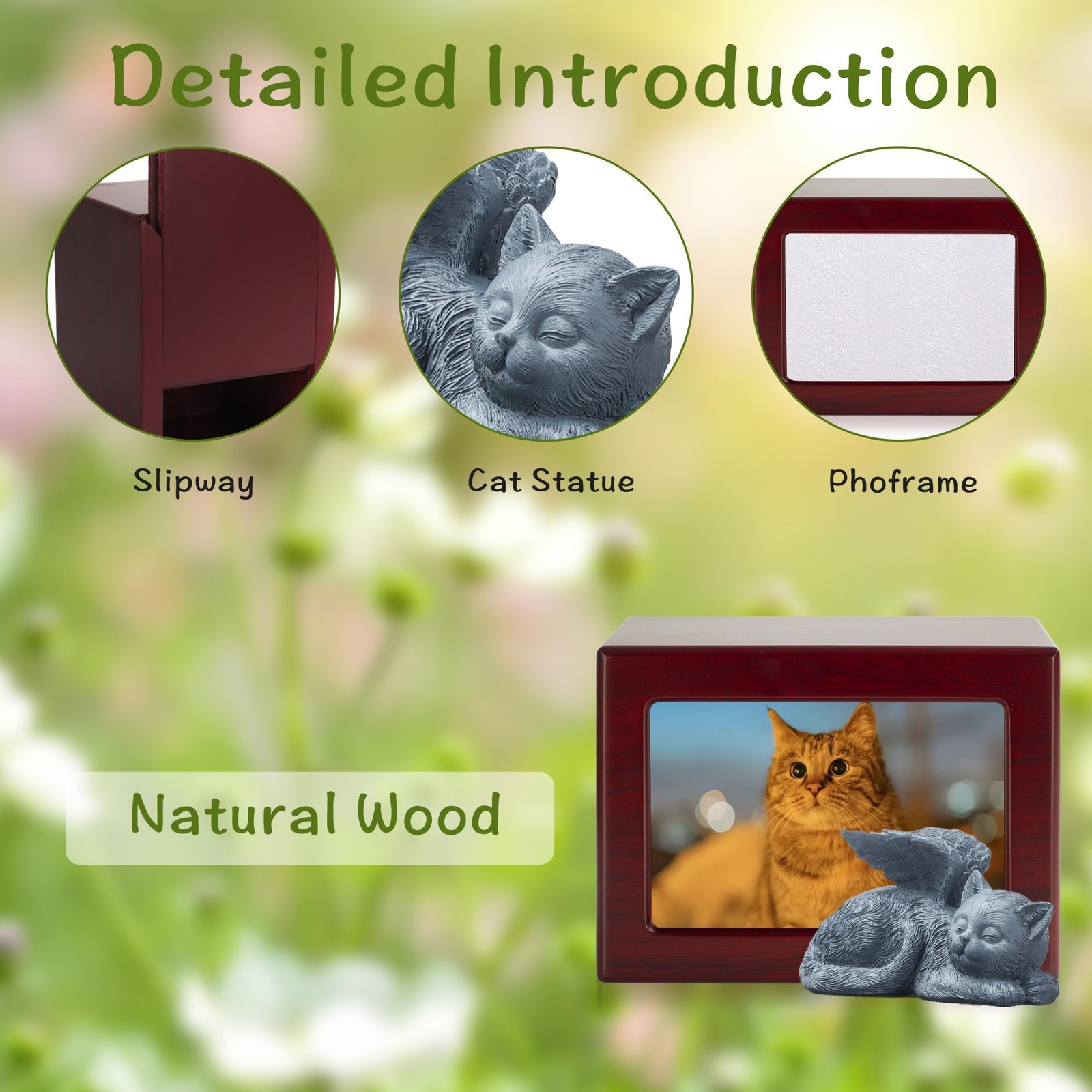 DiDiBirDi Cat Urn for Ashes, Wooden Keepsake Ashes with Photo Large, Red