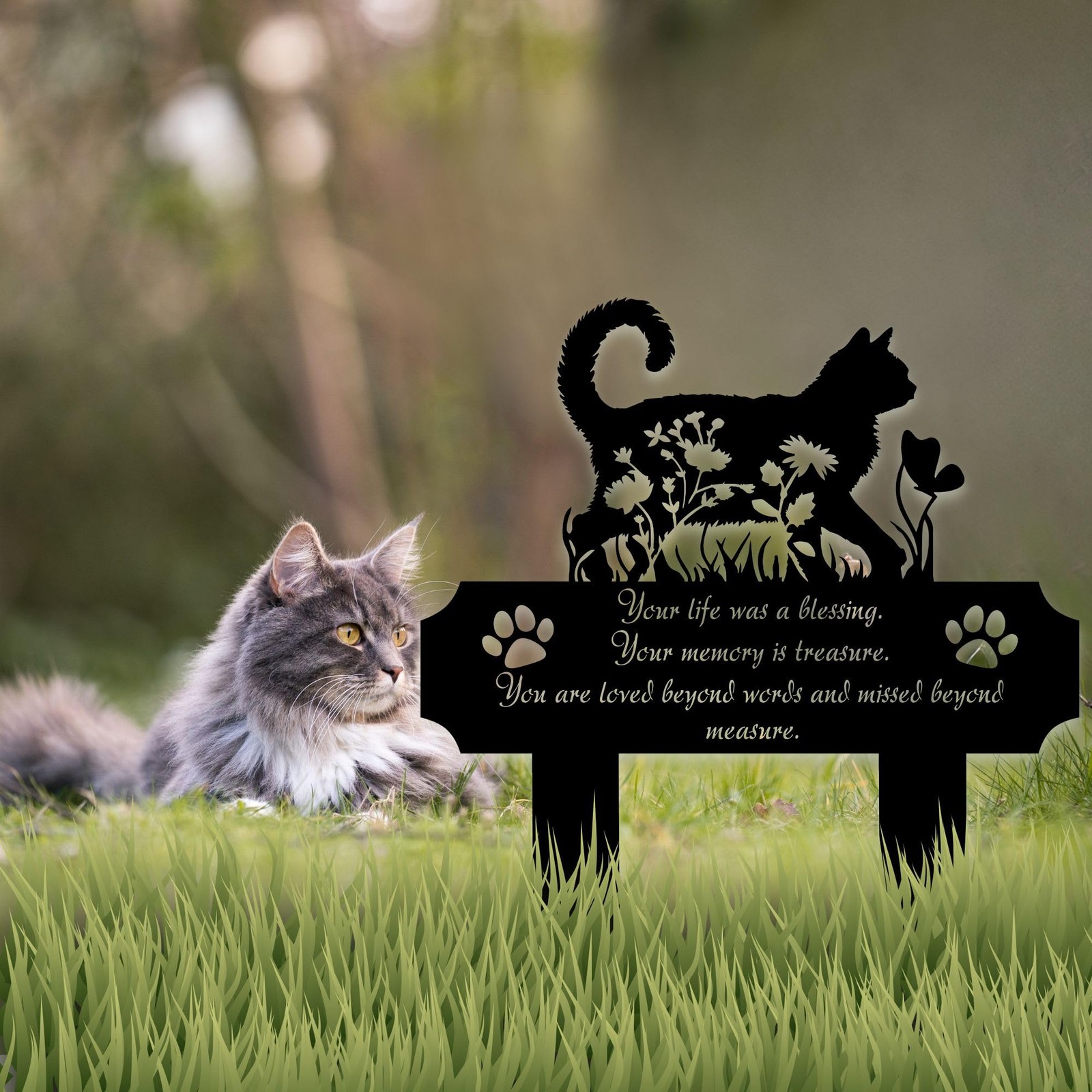 Cat Grave Marker Outdoor Memorial – 12in Metal Pet Memorial Plaque with Garde…