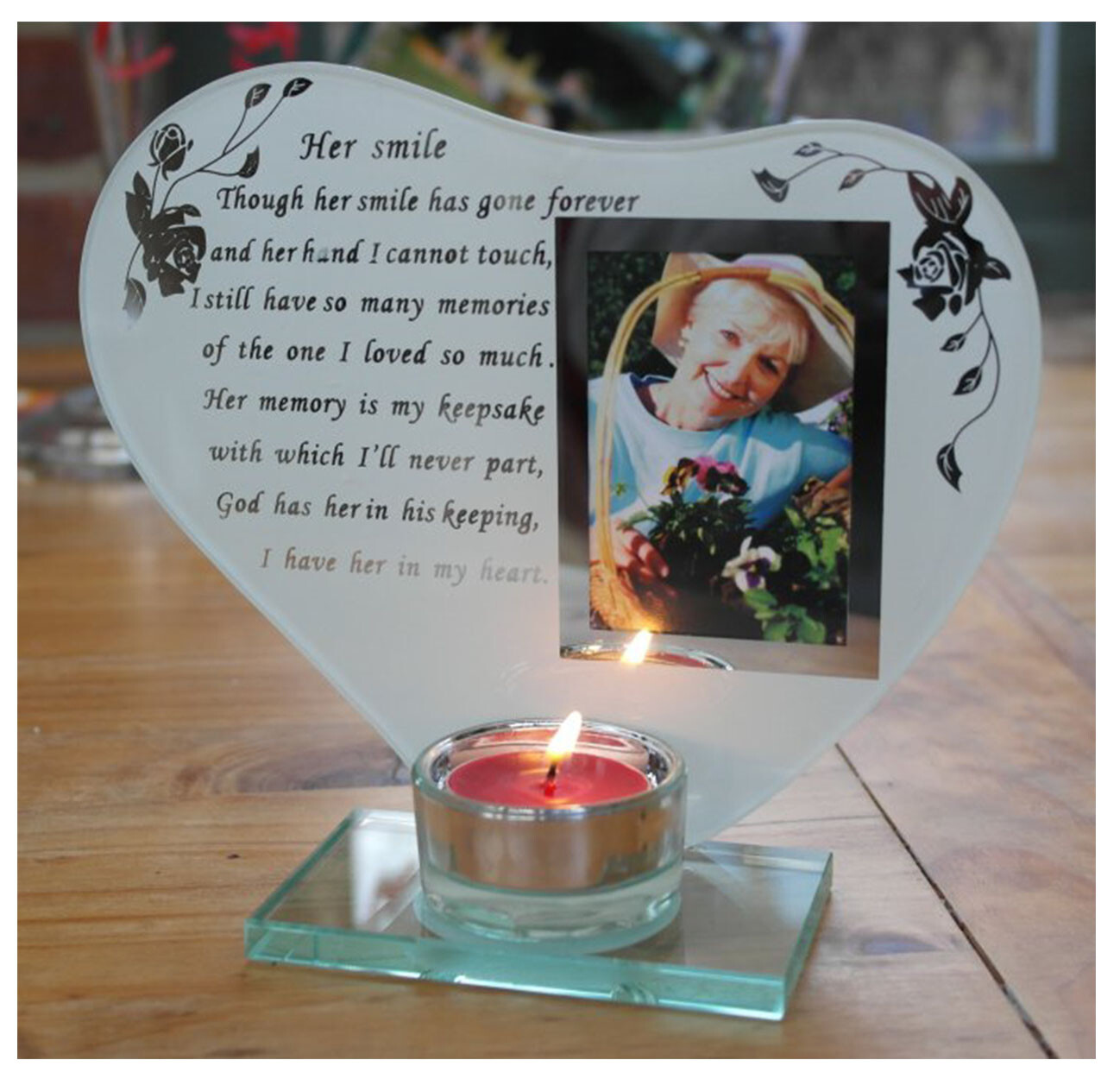 Her smile – Inspirational poem, candle and photo holder glass memorial plaque