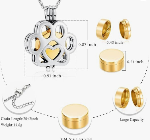 Paw Print Cremation Necklace Jewelry Pendant Urn for Ashes Pet Dog Cat Memorial