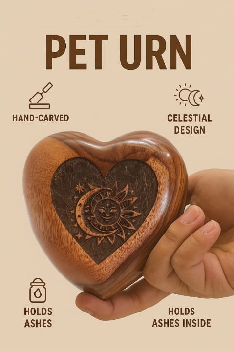 Pet Memorial Wood Urns for Dog or Cat Ashes Heart Shape Sun moon Design Urn