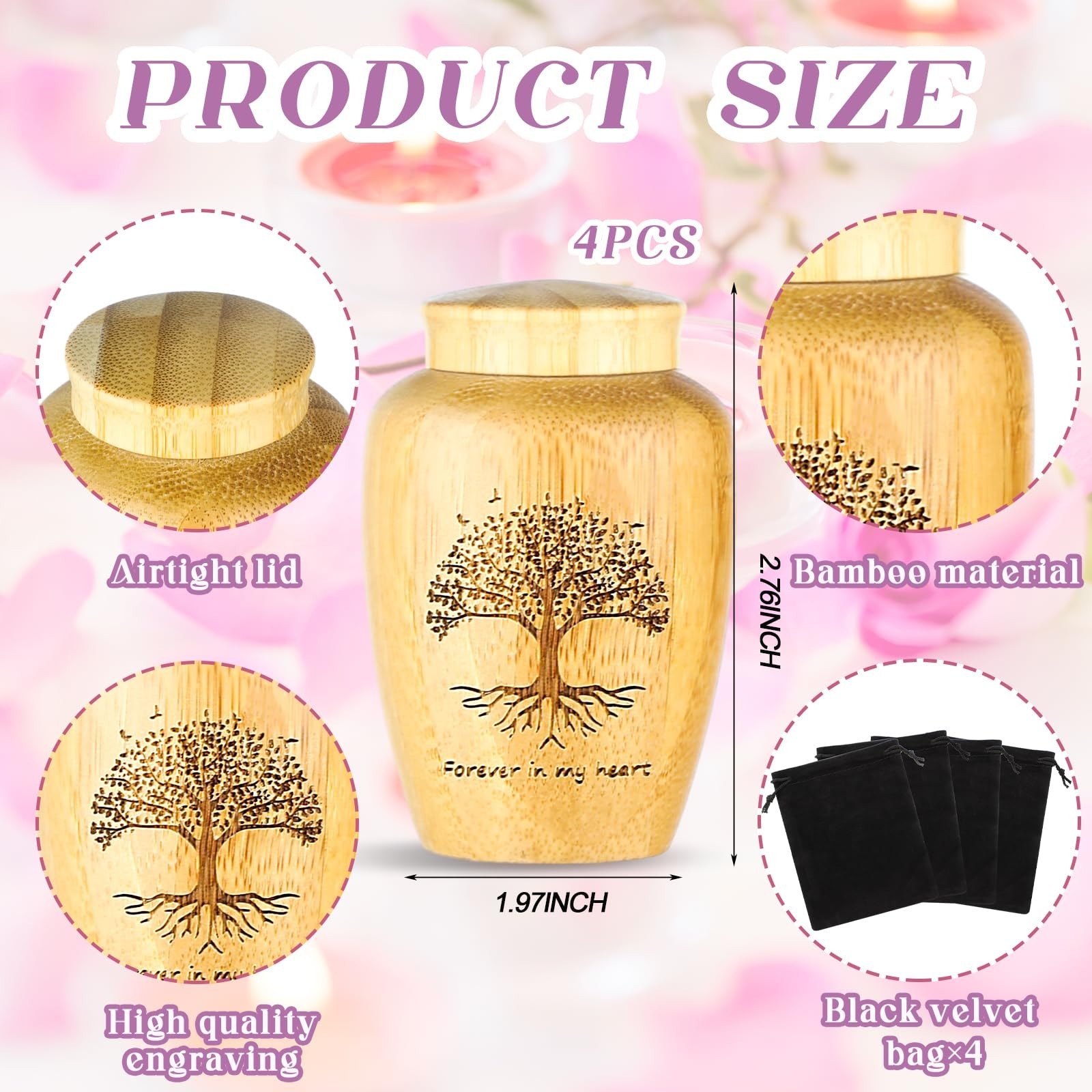 4 Sets Small Urn for Human Ashes Mini Urns with Tree Pattern Engraved Biodegr…