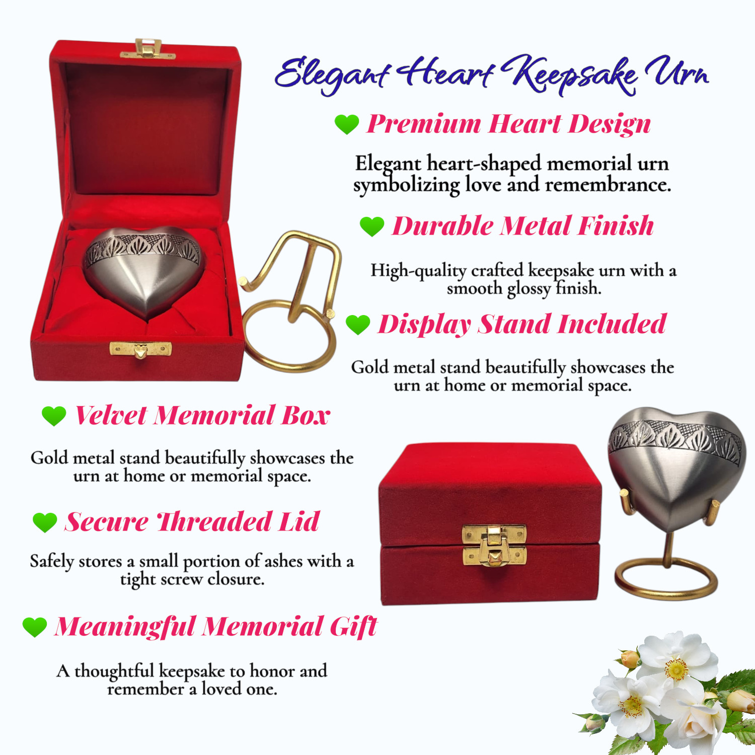 Personalized Mini Heart Keepsake Cremation Urn for Ashes with Stand & Box