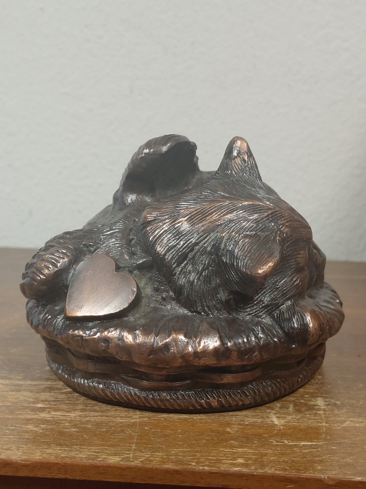 Heavenly Angel Cat Sleeping in Basket Bed Bronzed Cremation Urn Memorial Figure