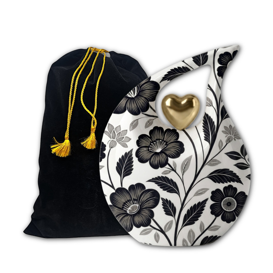 Black White Floral Design Teardrop Cremation Urn for Human Ashes Urns Your Love