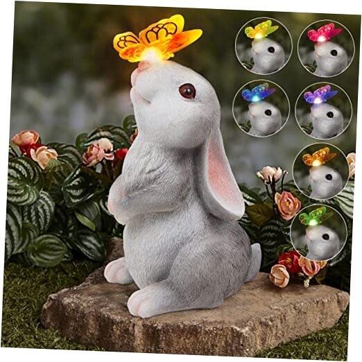 Garden Statue Outdoor Decor-with Solar Butterfly Changing Lights Garden Rabbit