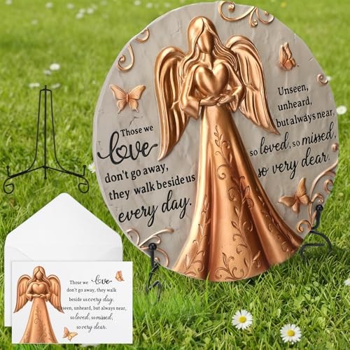 Bronze Angel Memorial Garden Stone with Plaque Stand and Sympathy Card,