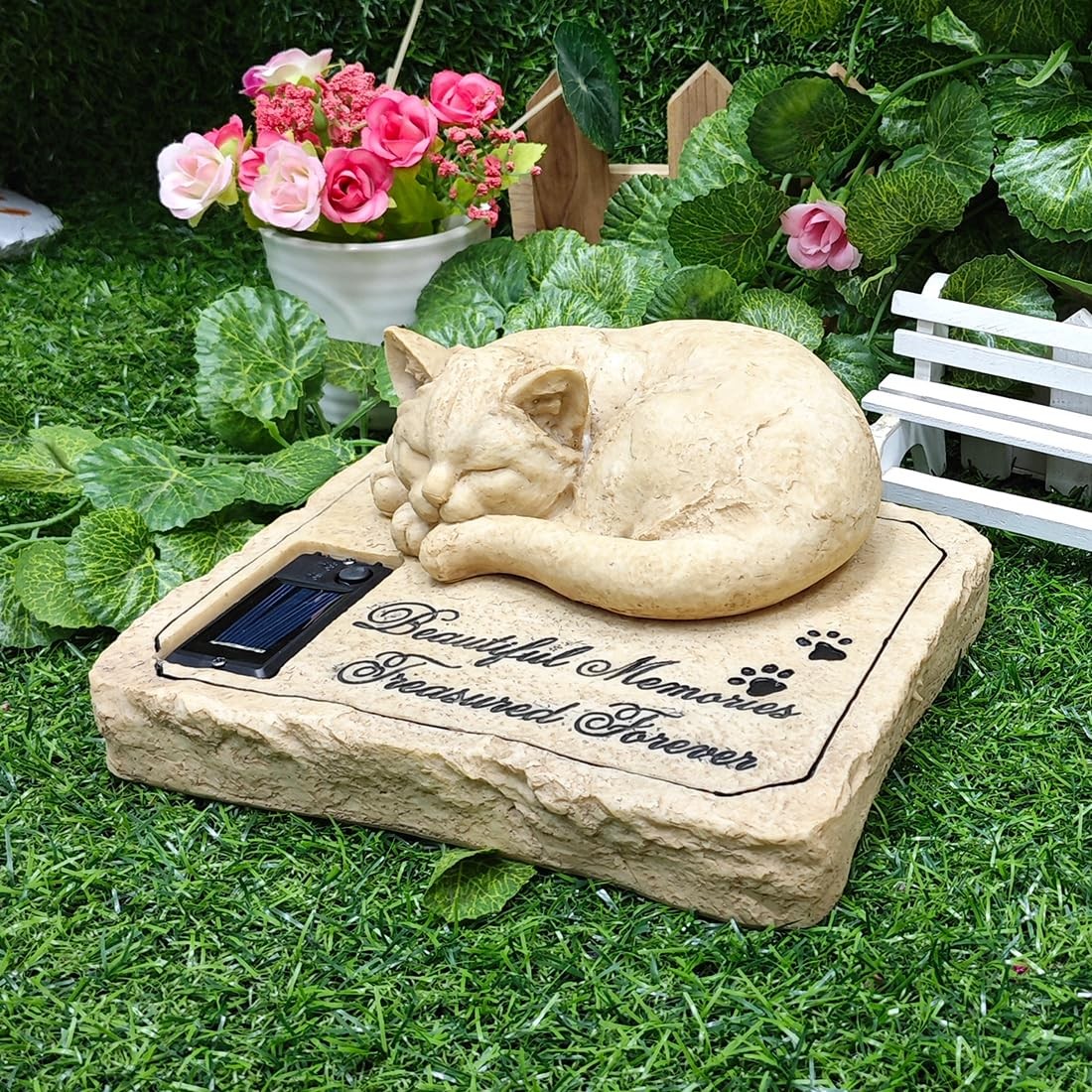 MARYTUMM Solar Light Cat Memorial Stone, Cat Grave Markers, Cat Headstone, Cat