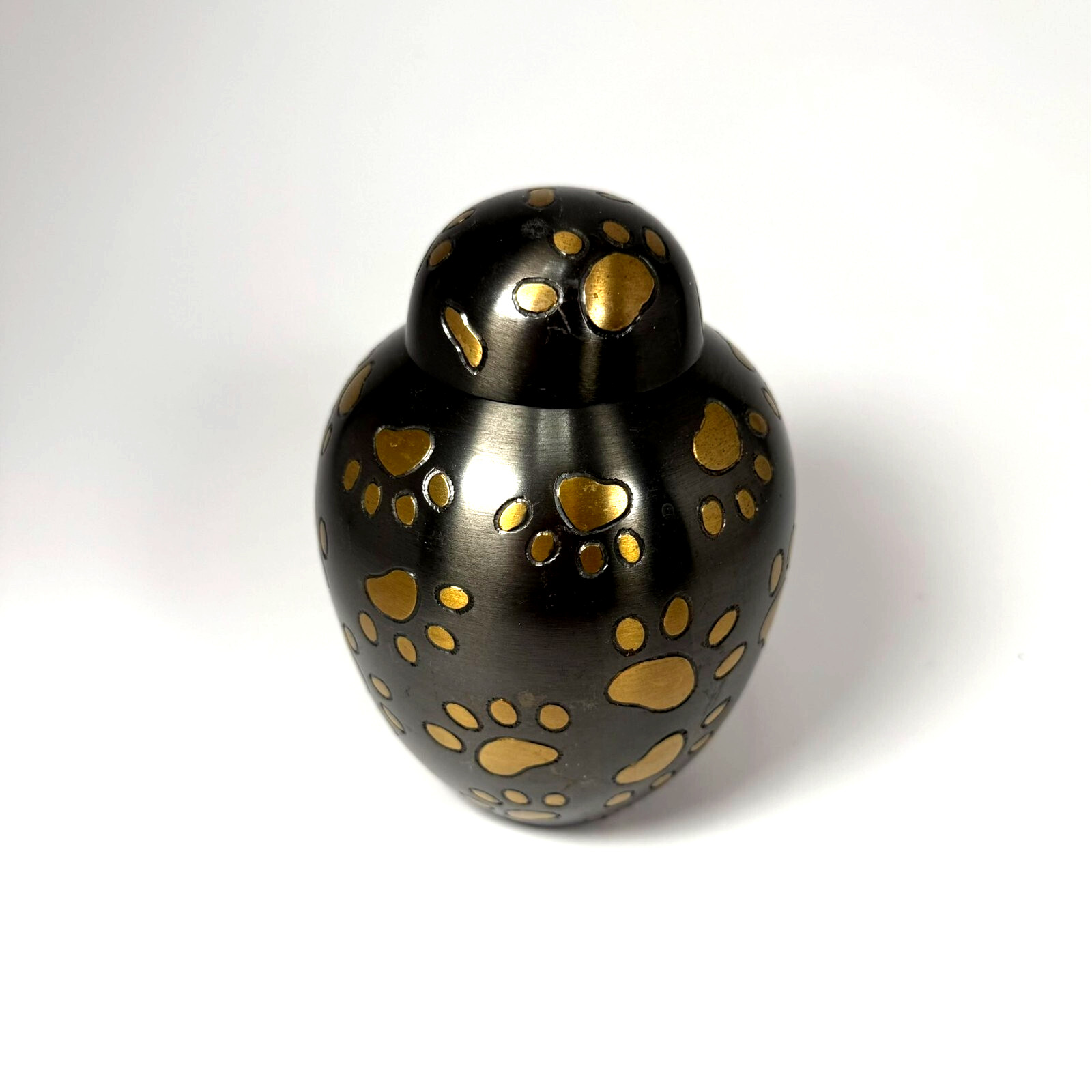 Pet Urn Metal 5 1/2″ tall Paw Prints Gray and Gold Cremation Ashes NWOT