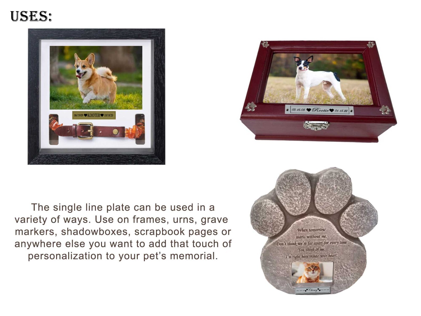 Engraved Pet Memorial Name Plate Single Line – With or W/O Screw Holes – Dog Cat