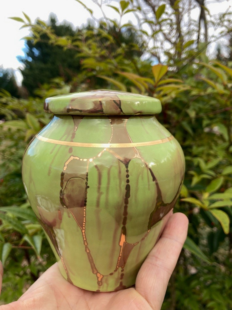 Handmade Ceramic Cremation Urn in Yellow w/MOP, small size for pet ashes 50 ci
