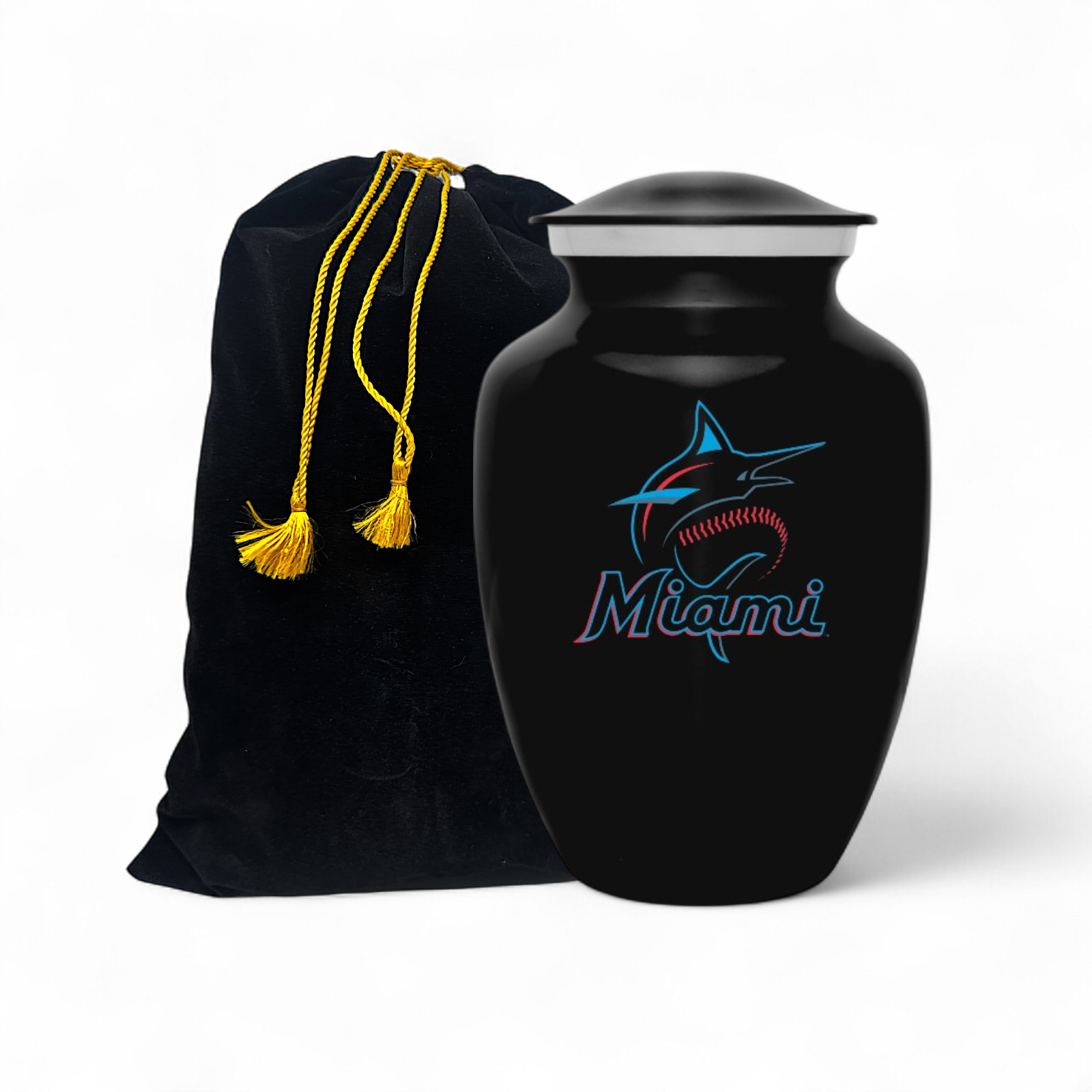 Miami Marlins Baseball Style Cremation Urn Adult Ashes Black Metal 8 In Urns