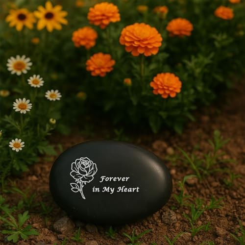 Memorial Stone – in Loving Memory Natural Black Pebble for Grave Sites, Rose