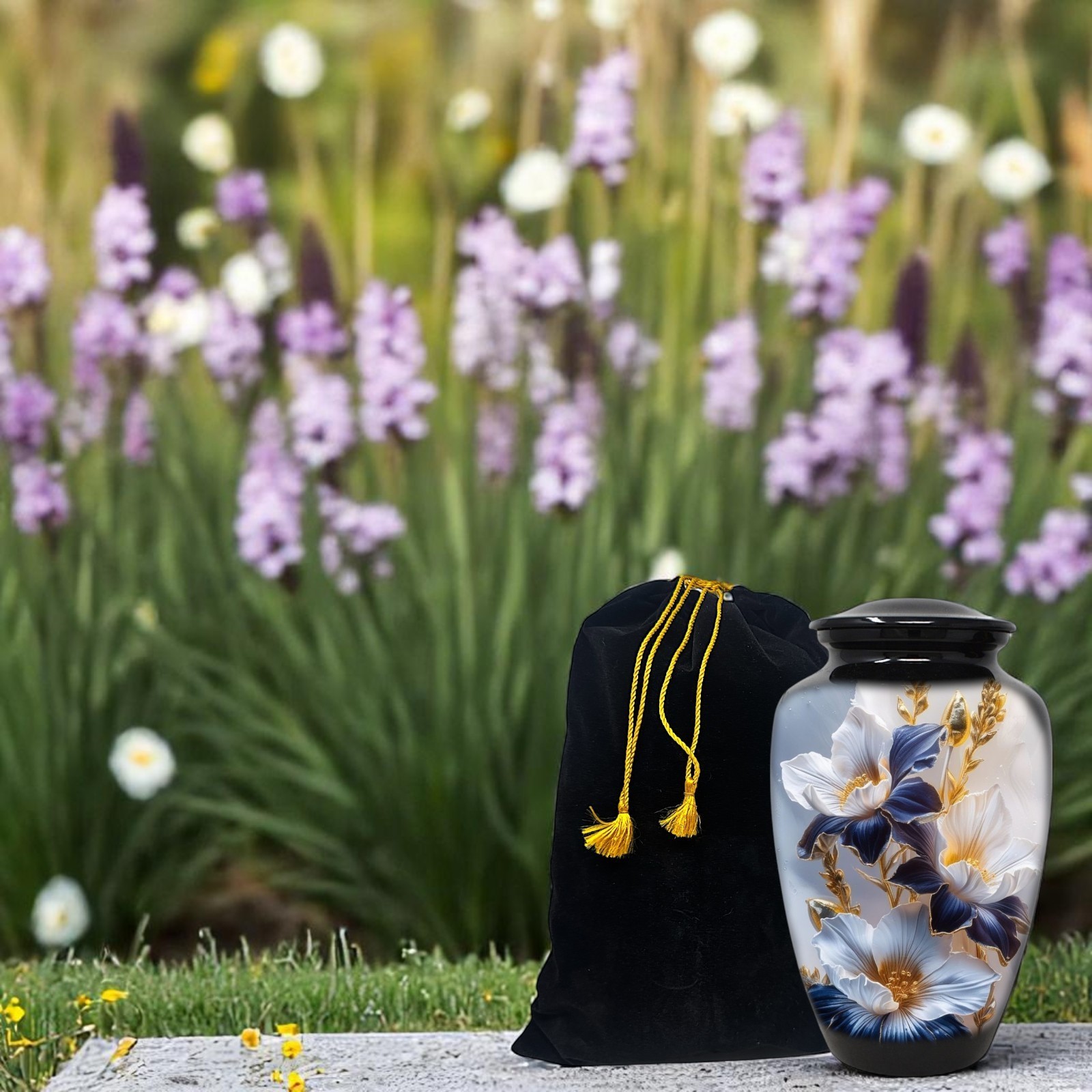 Cremation Urn for Adult Human Ashes 10.5in Gold Iris Flower Memorial Urn