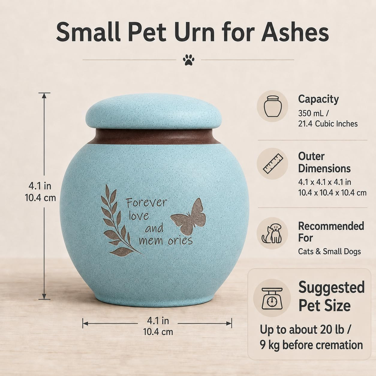 Small Pet Urn for Ashes, Dog and Cat Cremation Urn, Cyan Ceramic Memorial Keepsa