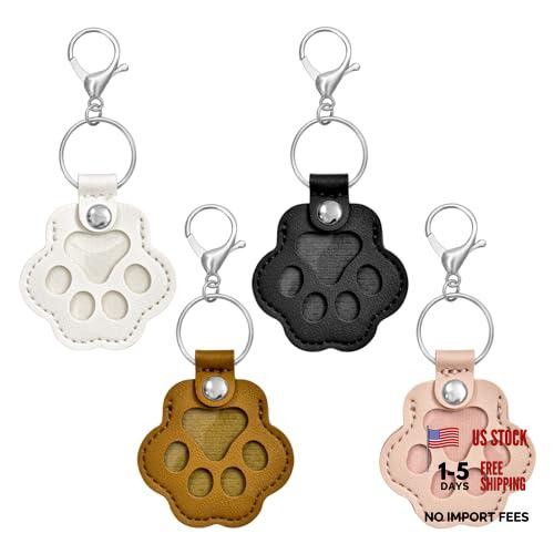 4Pcs Pet Hair Keychain, Paw Print Leather Key Ring White &Pink & Black & Brown