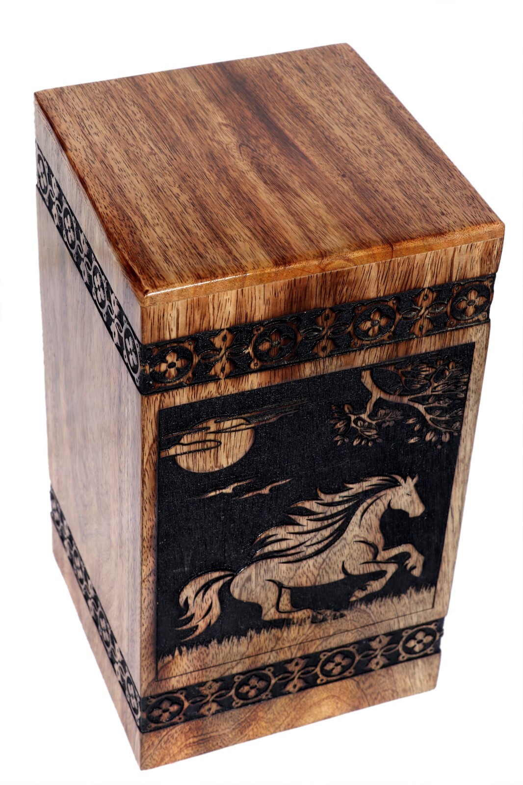 Horse Print Human Ashes Adult Male Female, Wooden Urns Box Mango Wood Urns