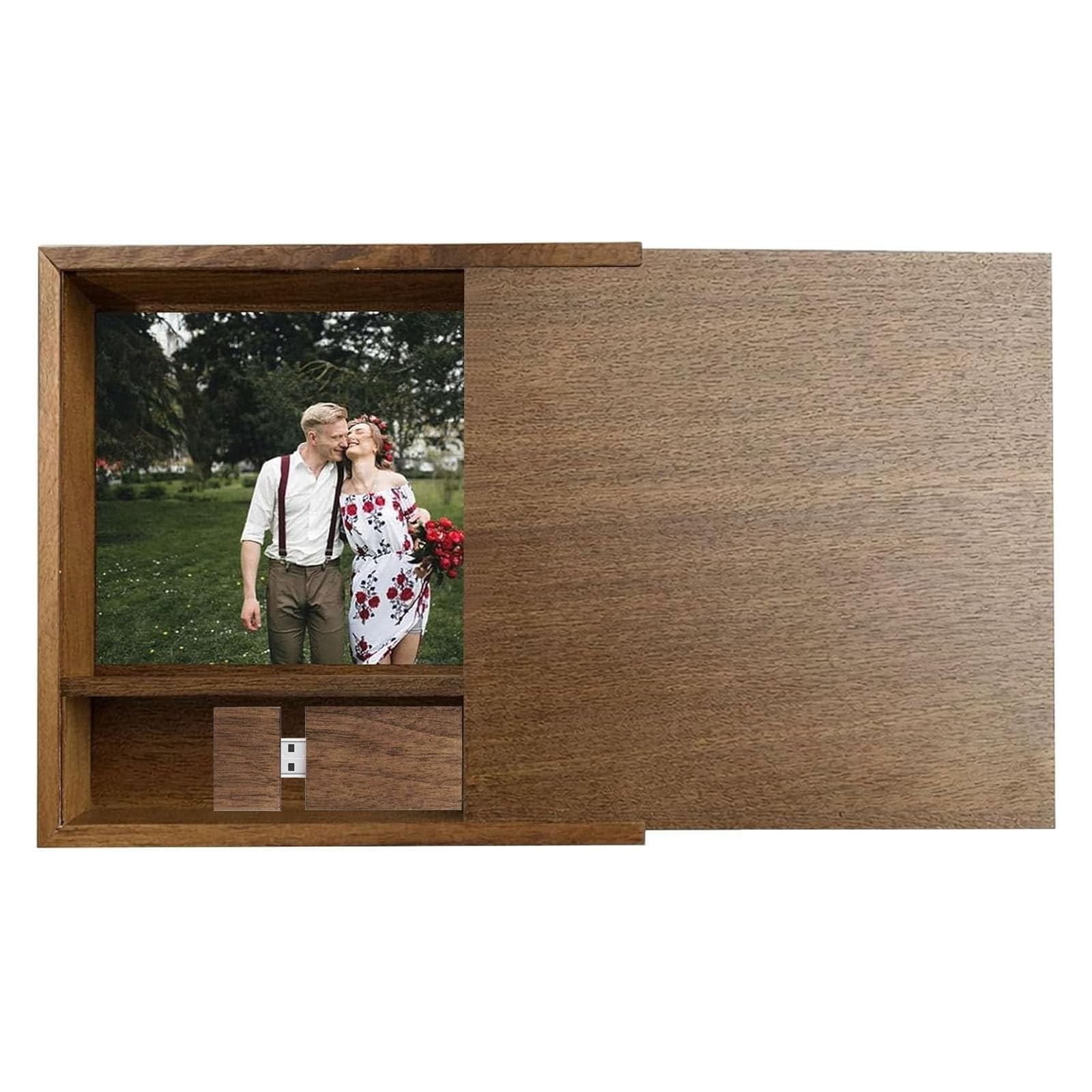 Walnut Wooden 4×6 Photo Box with USB Compartment, Photography Keepsake Storag…