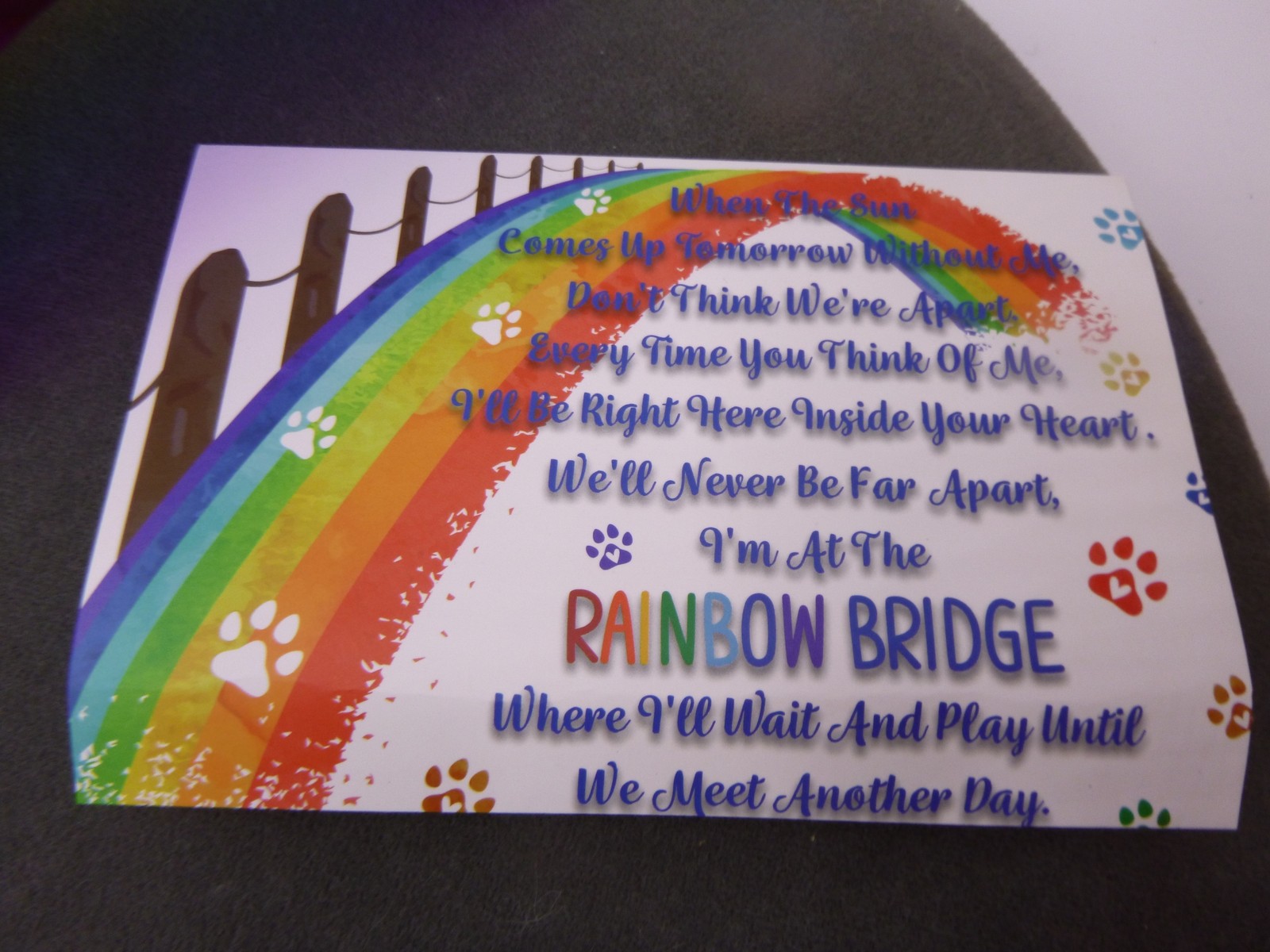 Pet Memorial fused glass rainbow bridge handmade card w/poem