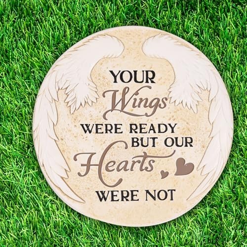 10 Inch Polyresin Memorial Garden Stone, Angel Wings Stepping Round Wings