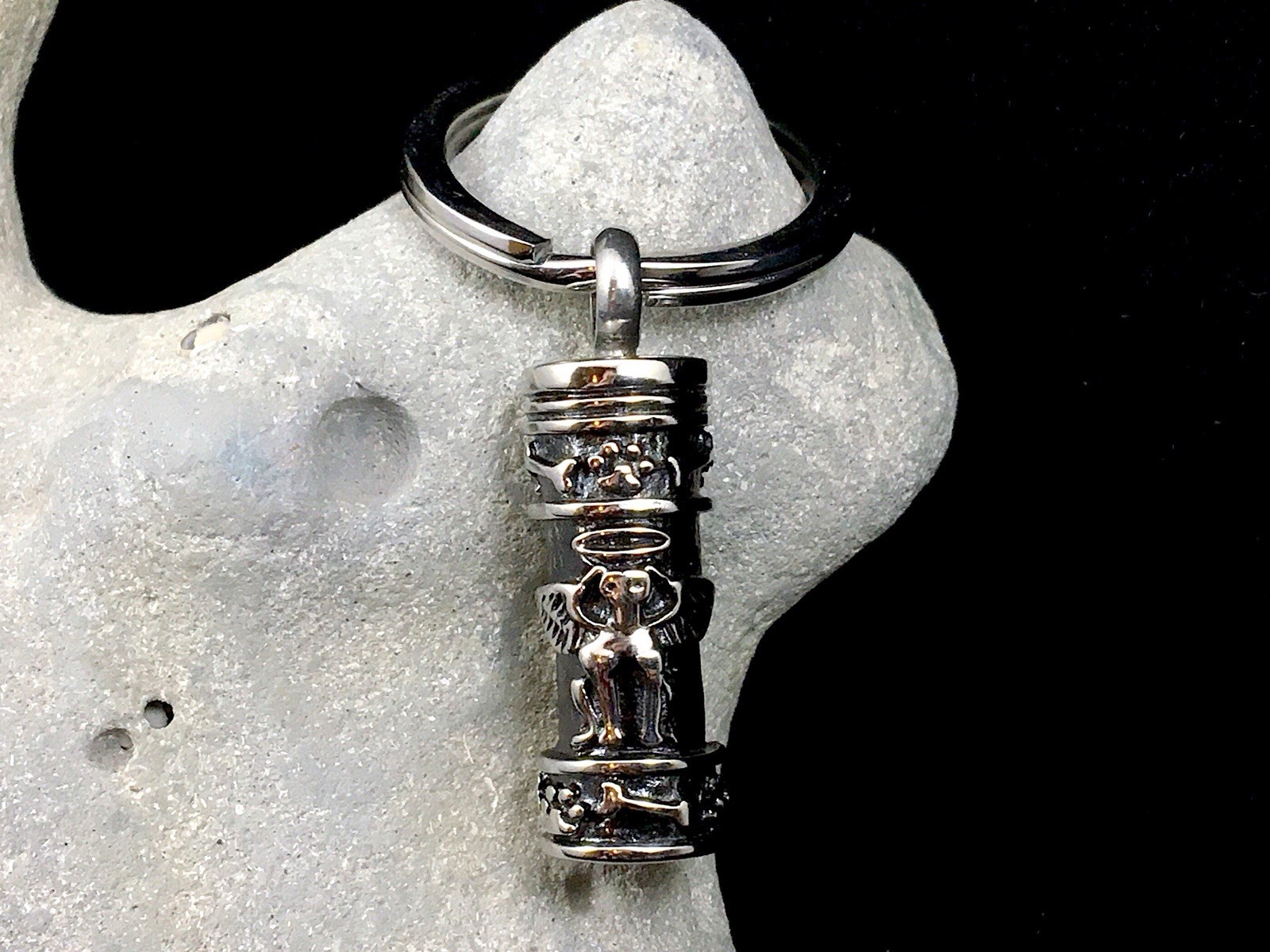 Angel Dog Vial Cremation Pendant Urn Keychain 1″ Key Ring for Ashes Silver Gift
