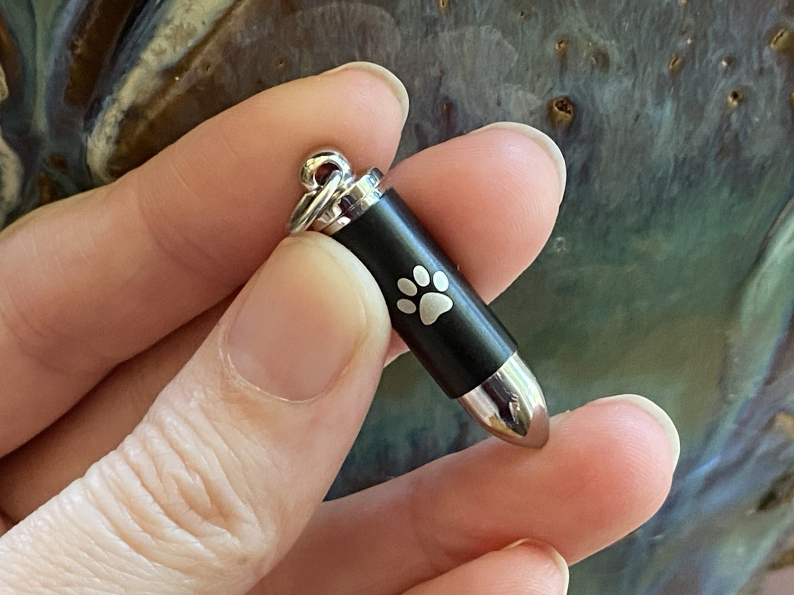 Mens Bullet Cremation Necklace Pendant Urn 4 Ashes SMALL VIAL Pet Paw Print Dog