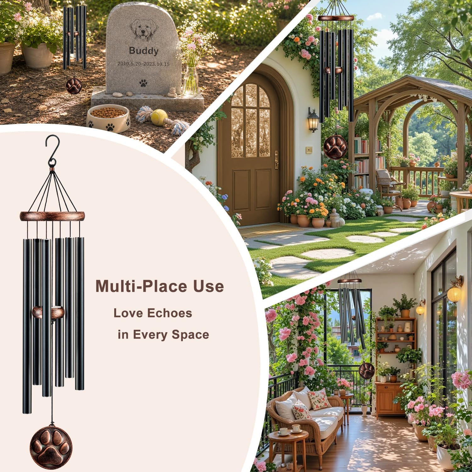 Dog Memorial Gifts for Loss of Dog, 32″ Pet Memorial Vintage Wind Chimes with Em