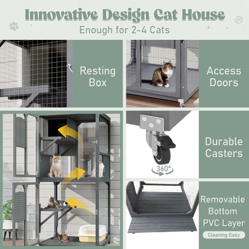 Catio Window Cat Enclosure, 4-Tier House w/ Wheels & Roof, Gray