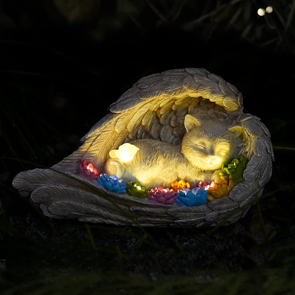 VKEVOC Cat Memorial Stone,Solar Angel Cat Statue Figurine – Pet Memorial Ston…