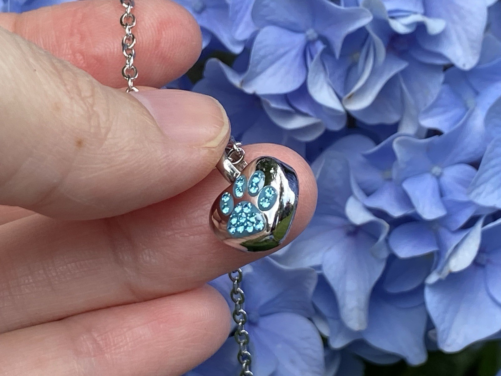 Tiny Pet Cremation Pendant Necklace Girls Ladies Crystal Paw Print Blue Purple