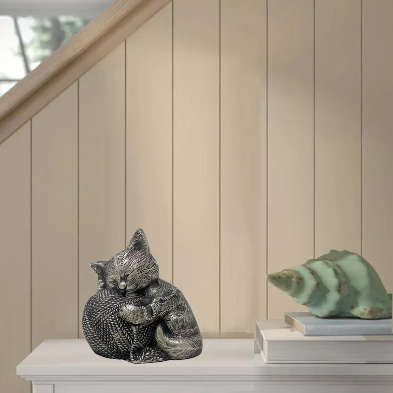 Silver Cat Urn- Precious Cat Urn- Figurine Urn – Kitty with Yarn Ball Urn W/Bag