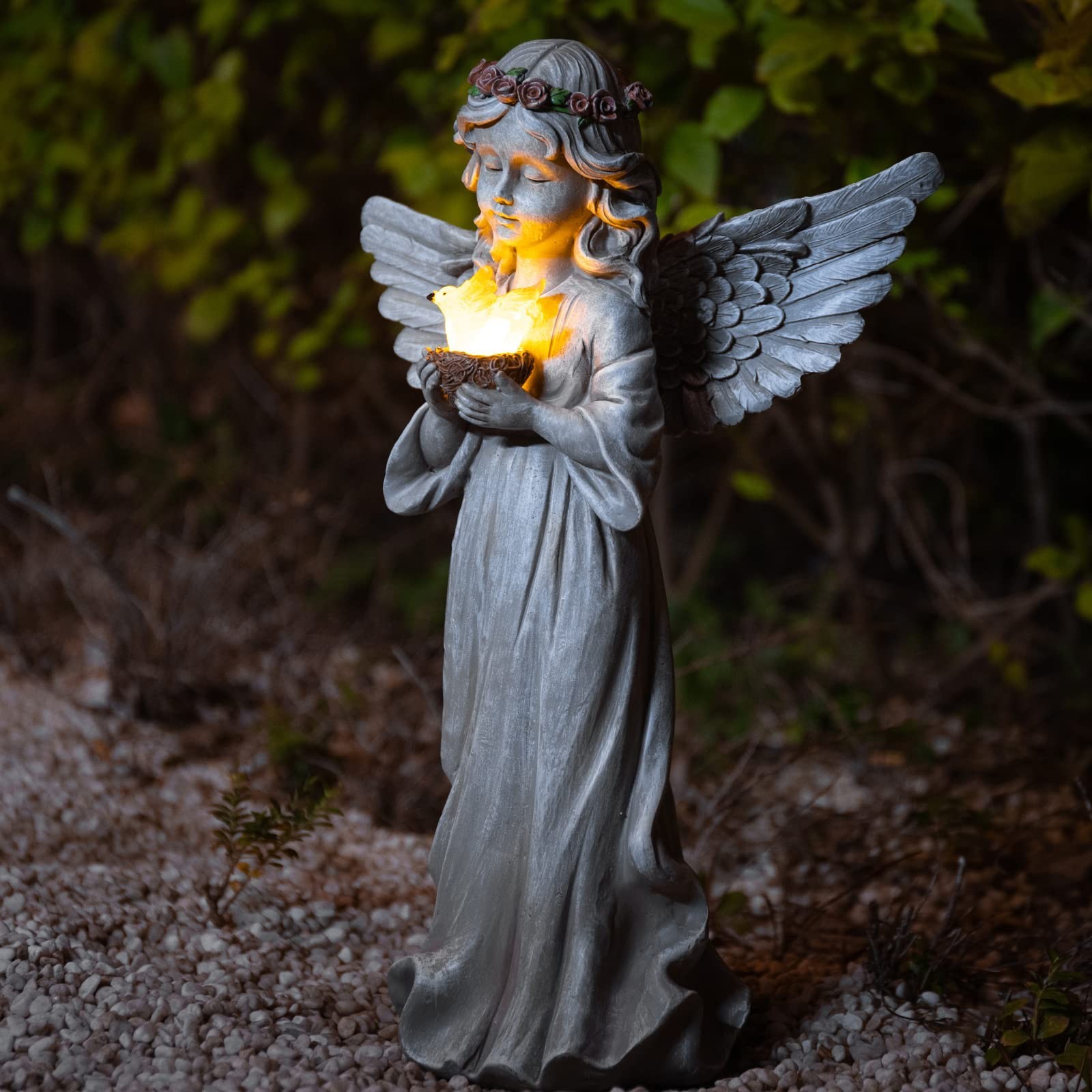 Angel Garden Statue Outdoor Decor, Angel Garden Figurine Hold Bird’s Nest wit…