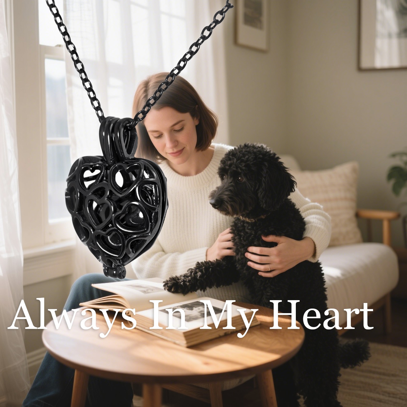 Paw Print Heart Pet Ashes Black Memorial Necklace with Inner Box For Dog&Cat