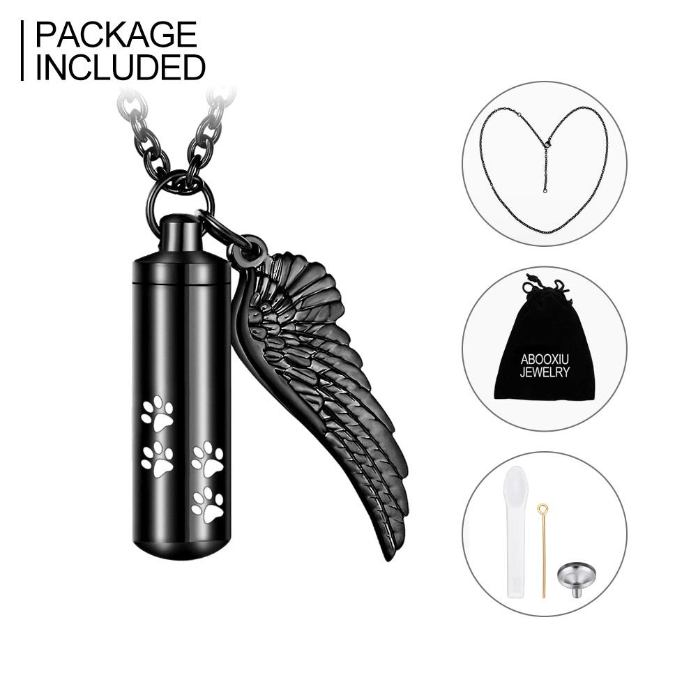 Cylinder Cremation Necklace for Pet Ashes Urn Necklace with Angel Wing Pet Paw A