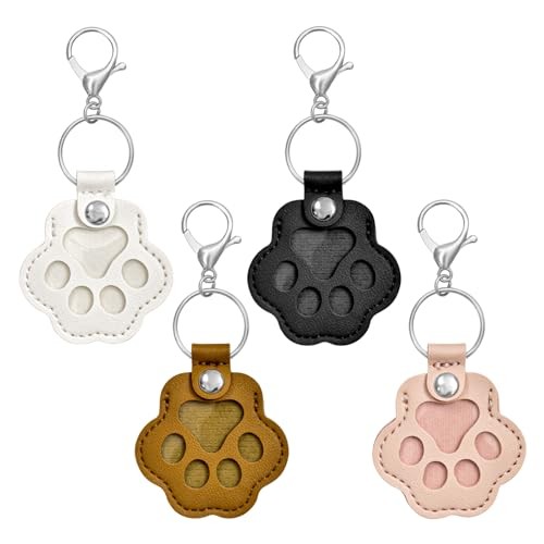 4Pcs Pet Hair Keychain, Paw Print Leather Key Ring White &Pink & Black & Brown