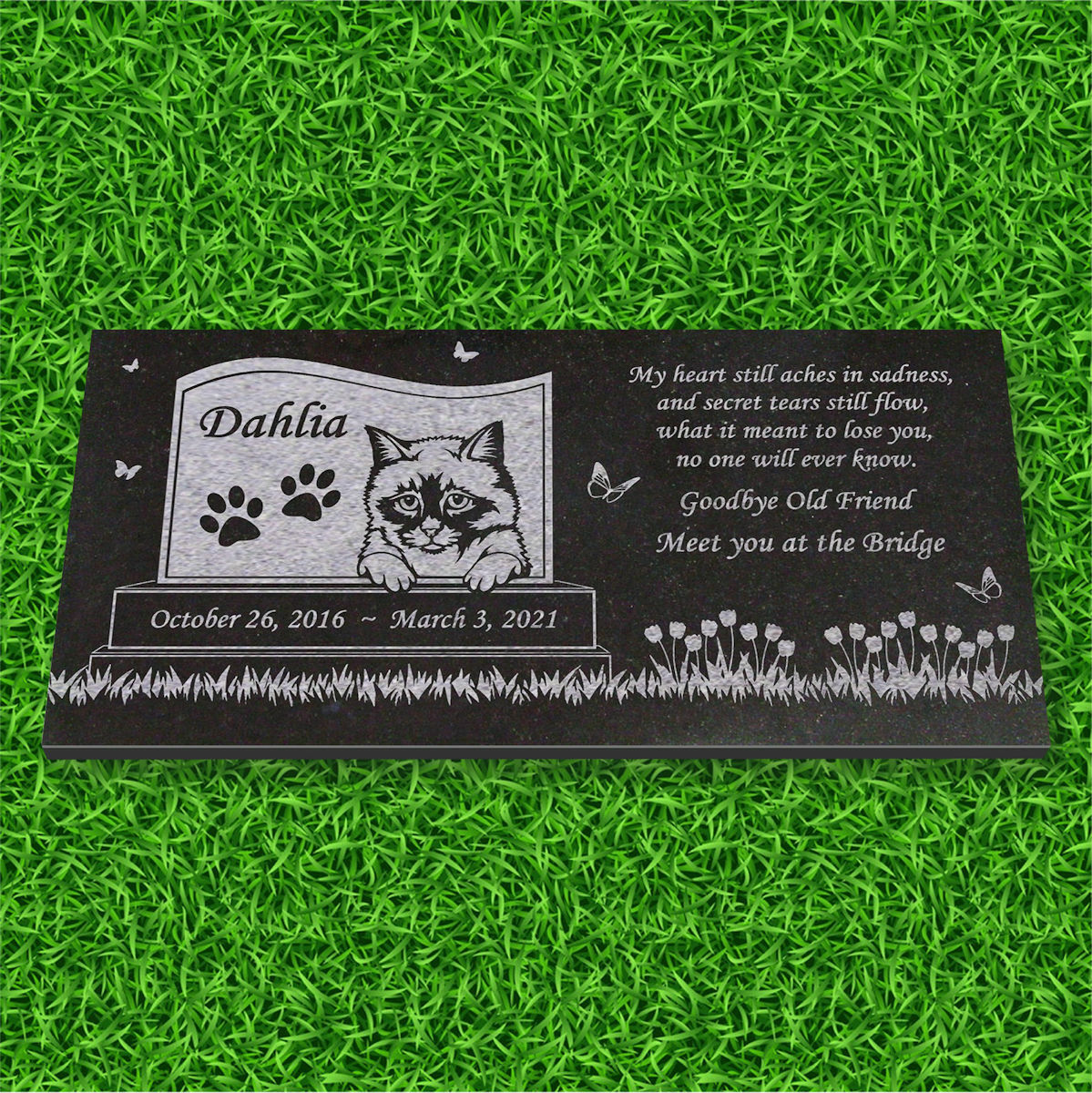 Personalized Cat Memorial – Granite Stone Pet Grave Marker – 6×12 – Dahlia