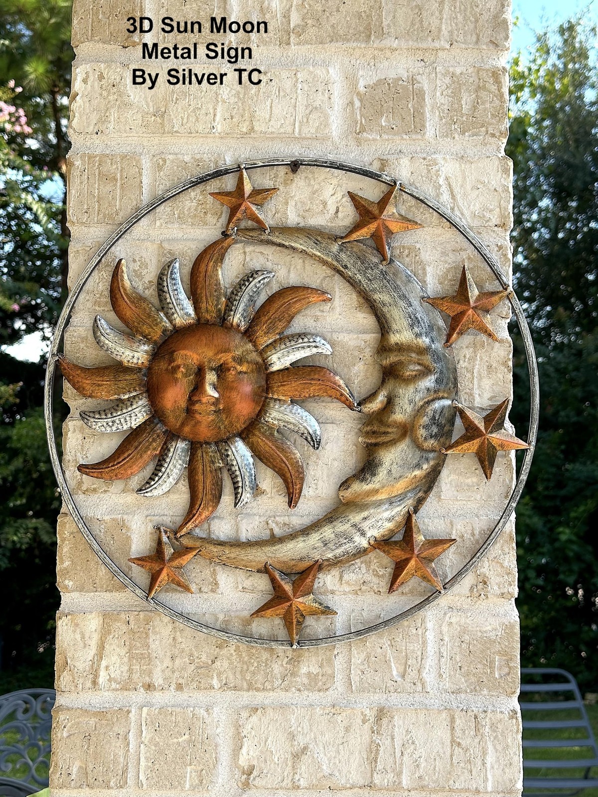 Large Metal Sun Moon Star Wall Art Sculpture Decor for Indoor Outdoor (17″ Di…