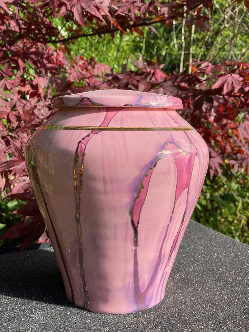 Handmade Ceramic Cremation Urn, Keepsake Vessel in Pink w/Gold, 150 cubic inch