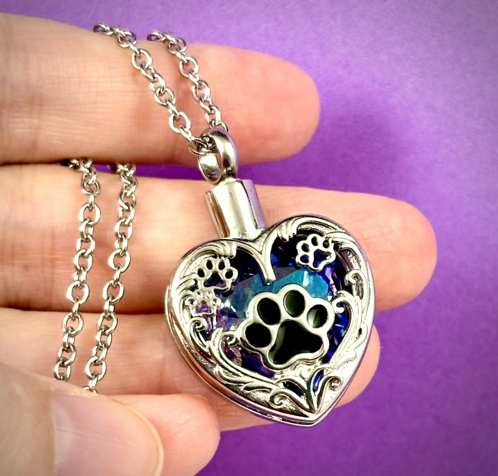 Purple Pet Cremation Necklace Holds Ashes Urn Pendant Jewelry Gift Paw Print Dog