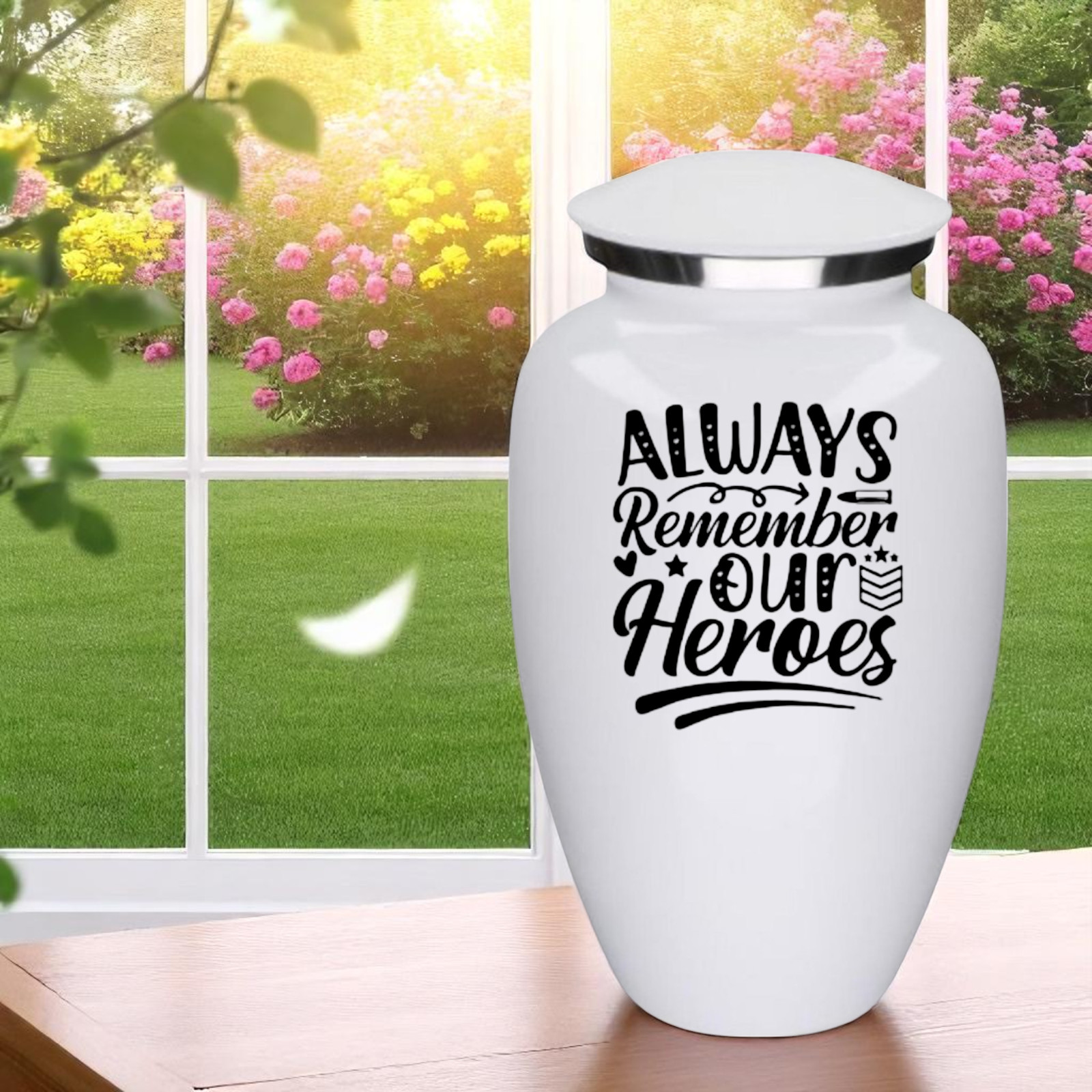 Always Remember Our Heroes White Metal Adult Cremation Urn 190 Cu In Urn