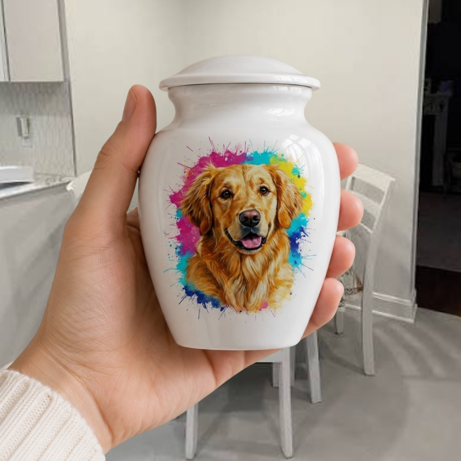 Small White Dog Cremation Urn Pet Ashes Memorial Urns Keepsake Decor (6 Inch)