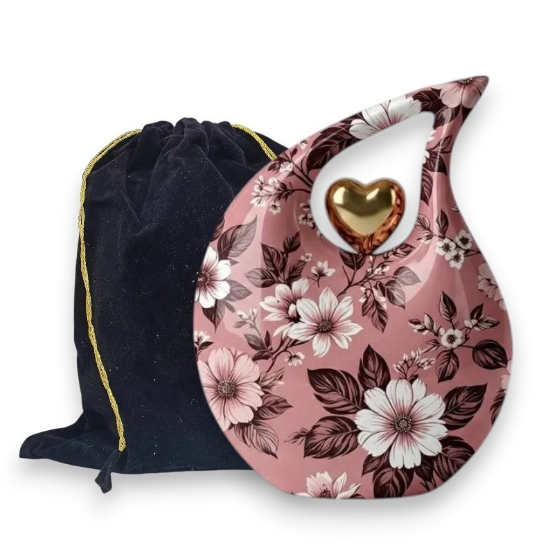 Pink Floral Metal Teardrop Cremation Urn for Adult Human Ashes 200 Cu In Earns..
