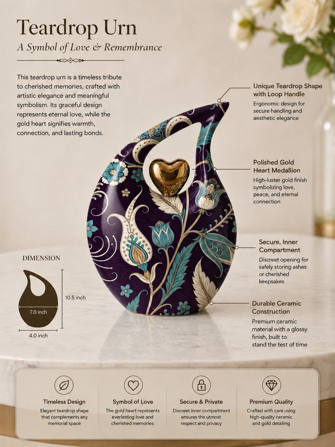 Teardrop Cremation Memorial Urn for Human Ashes 190 Cu In w/Bag Men /Women Earns