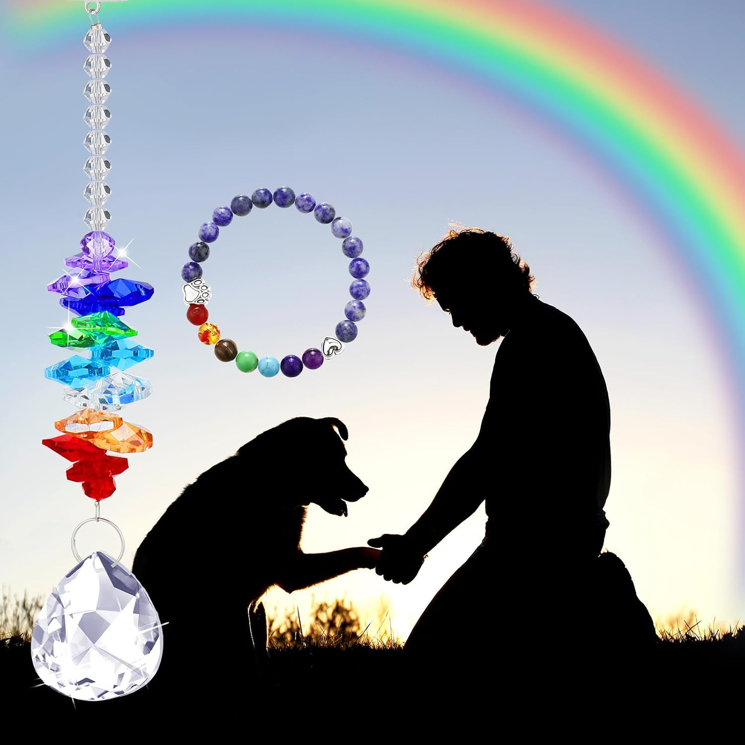 5 Pcs Rainbow Pet Memorial Gifts Set Includes Paw Print Crystal Sun Catcher, Dog