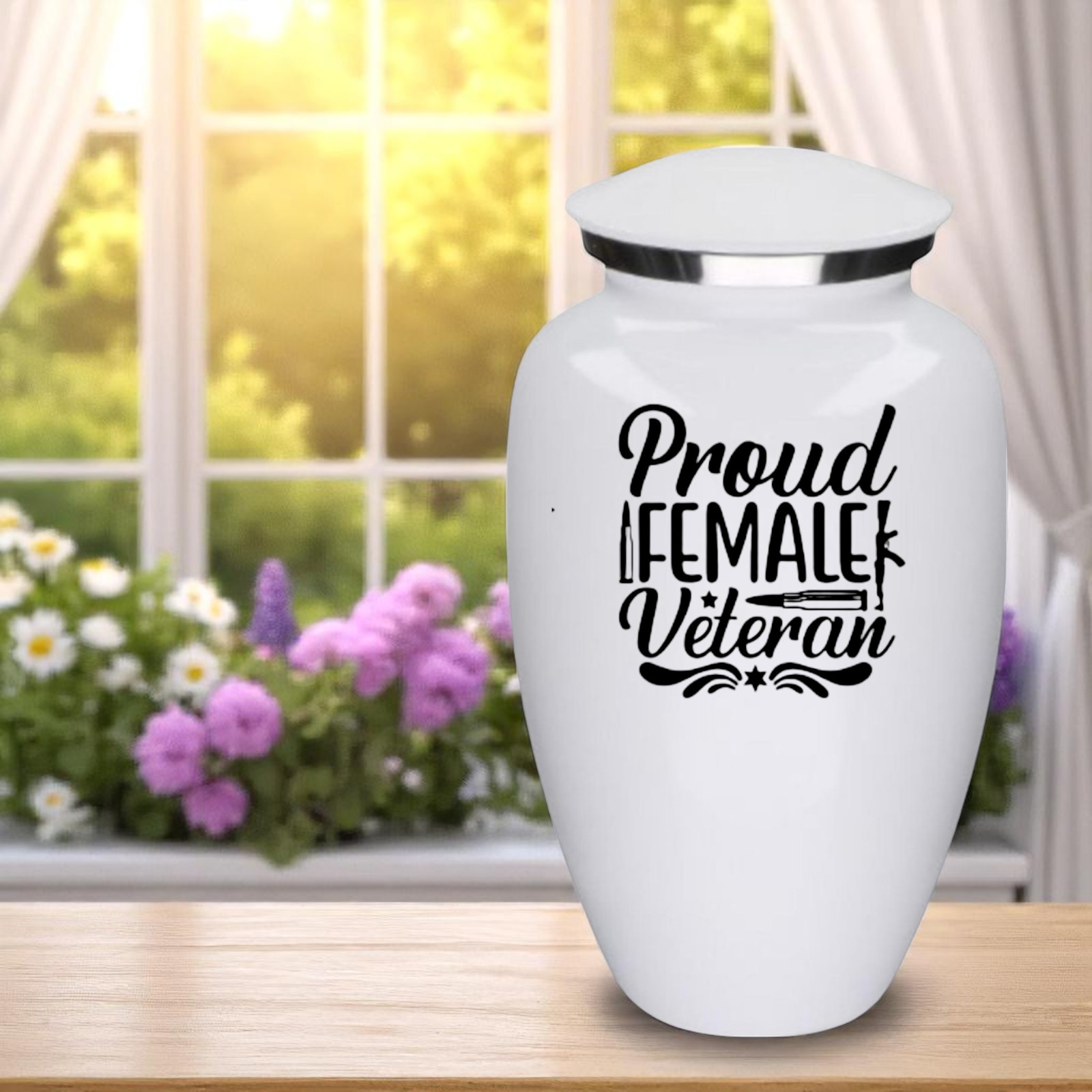 Proud Female Veteran White Metal Adult Cremation Urn 190 Cu In Urn w/ Bag