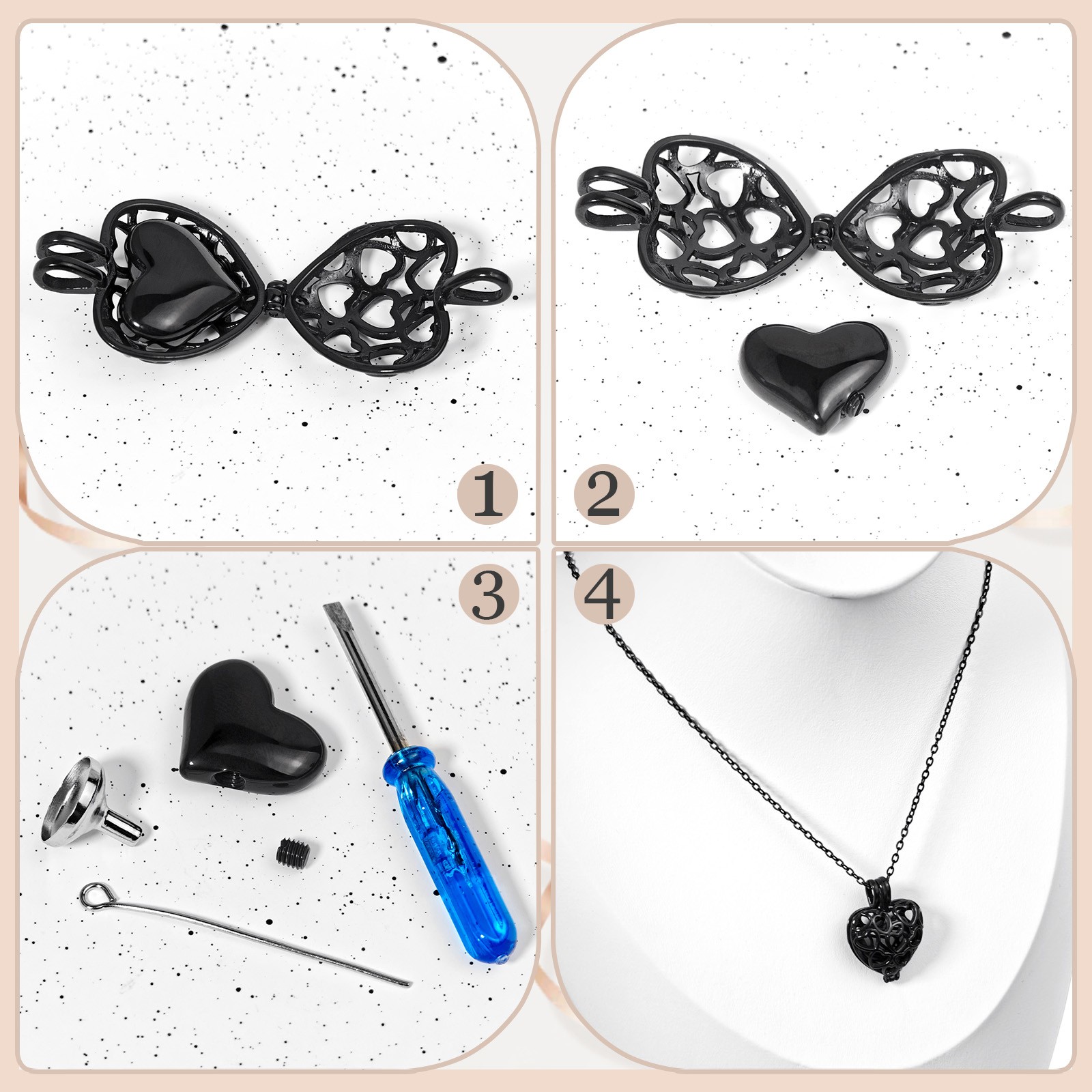 Paw Print Heart Pet Ashes Black Memorial Necklace with Inner Box For Dog&Cat