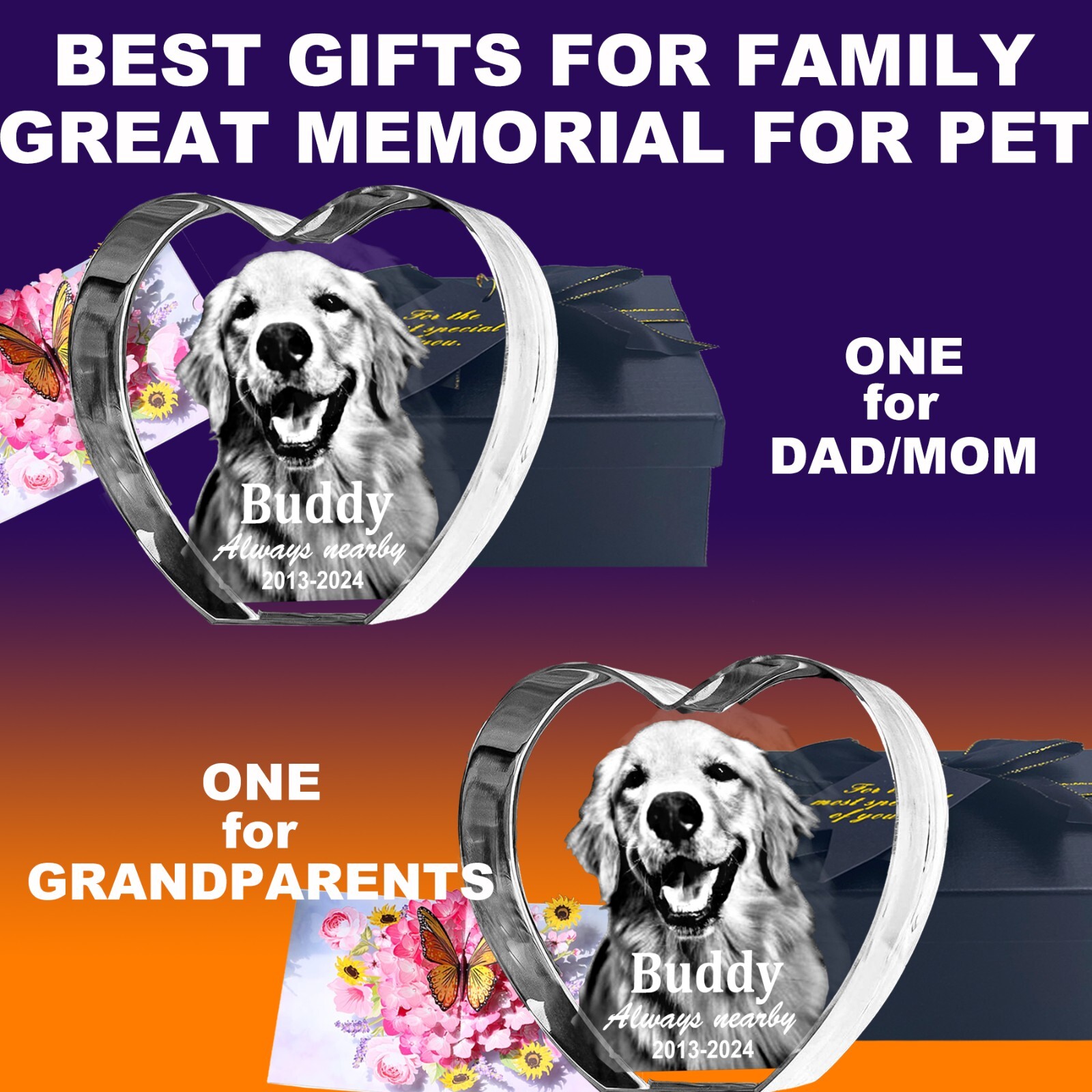 Personalised Pet Memorial 3D PHOTO Crystal Gifts for Mom Dad Heart Dog Keepsake