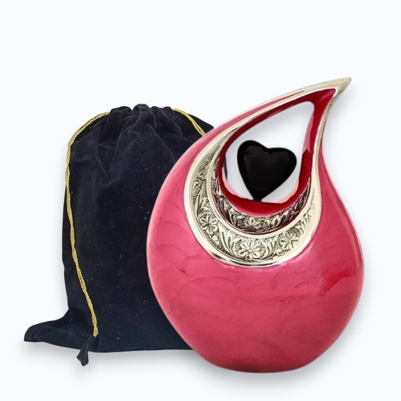 Pink & Silver Engraved Teardrop Metal Teardrop Cremation Urn Ashes for Love Ones