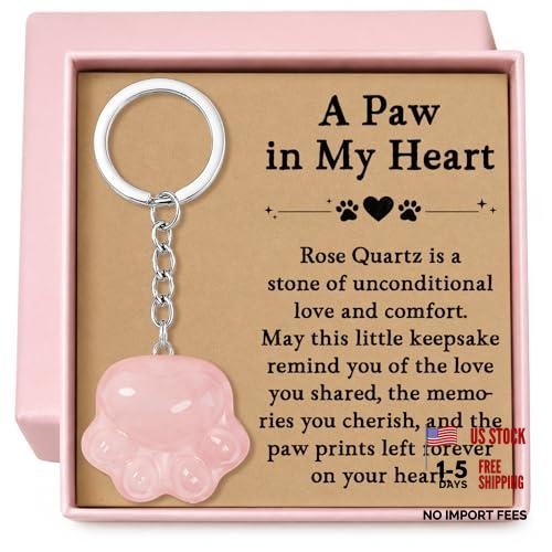 Pet Loss Sympathy Gift – Rose Quartz Paw Keychain, Healing Crystal Pocket Pink