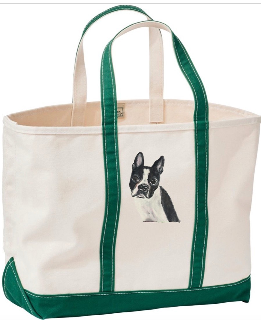 LL BEAN BOAT AND TOTE HAND BAG HAND PAINTED WITH YOUR DOG PET PORTRAIT BY ARTIST